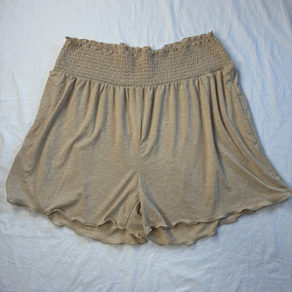 Zenana Smocked Waist Lettuce Hem Shorts Tan Heathered 3X RP-8143X Very Soft